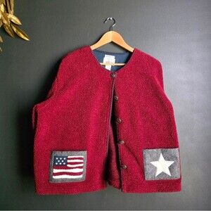 Vtg USA Flag Deep Red Thick Cardigan Sweater Button Women’s XL Hand Embroidered